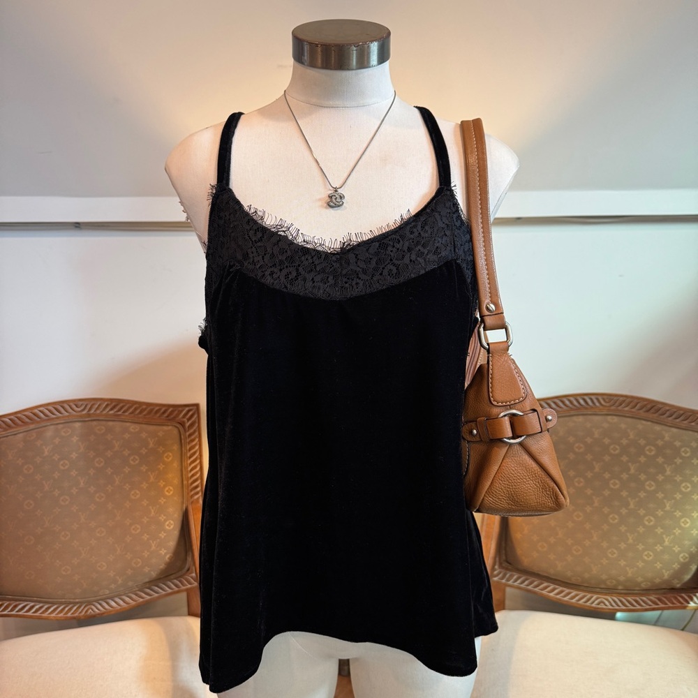 Vintage Y2K Black Velvet Tank Top Cami with Lace Trim